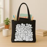 The "Meow Mob" Monochrome Doodle | Premium Black Canvas Tote bag - Image 3
