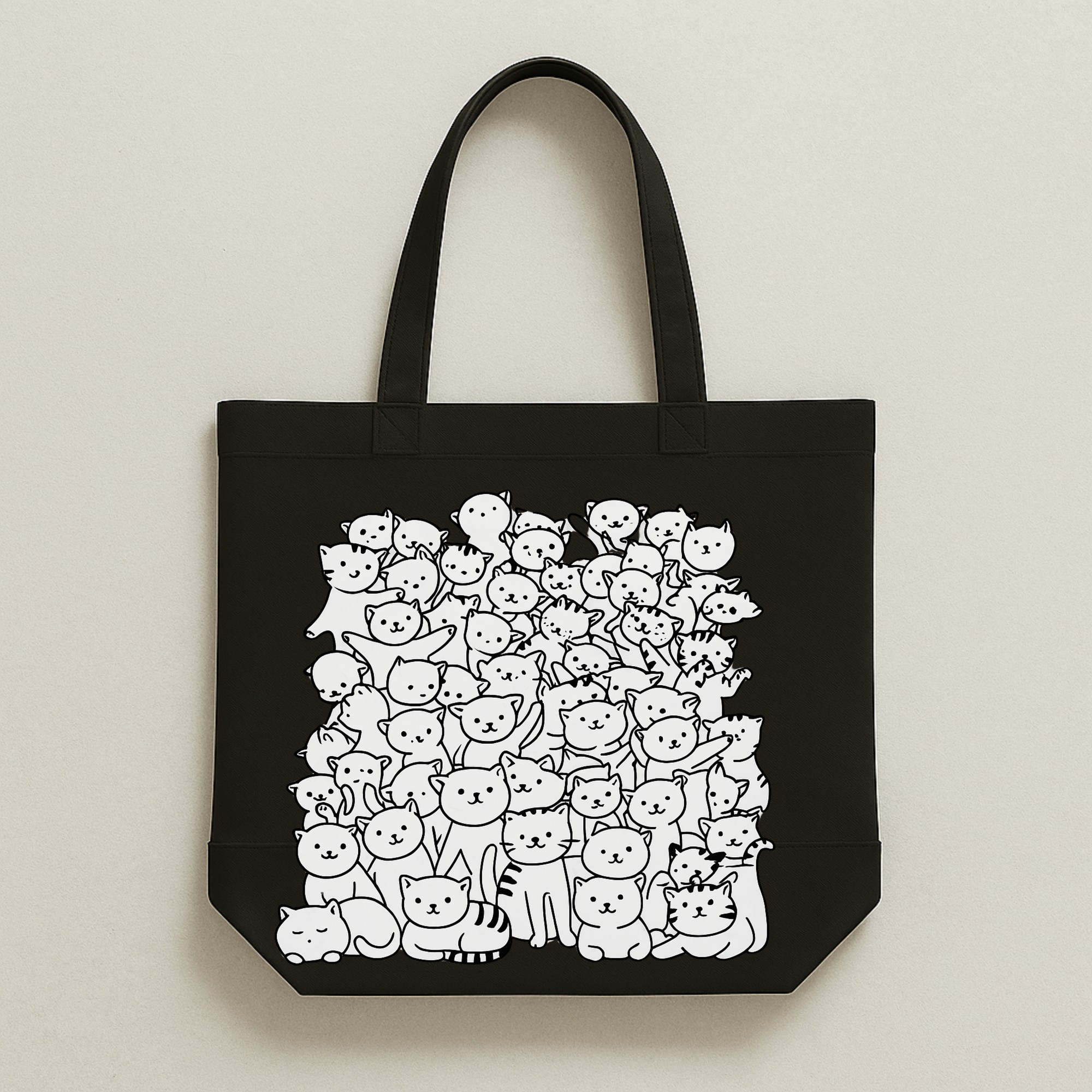 37 The "Meow Mob" Monochrome Doodle | Premium Black Canvas Tote bag - Image 1